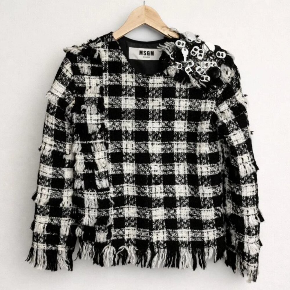 MSGM Milano Tweed Boucle Fringe Top 38 M/L Embellished Designer Runway Designer